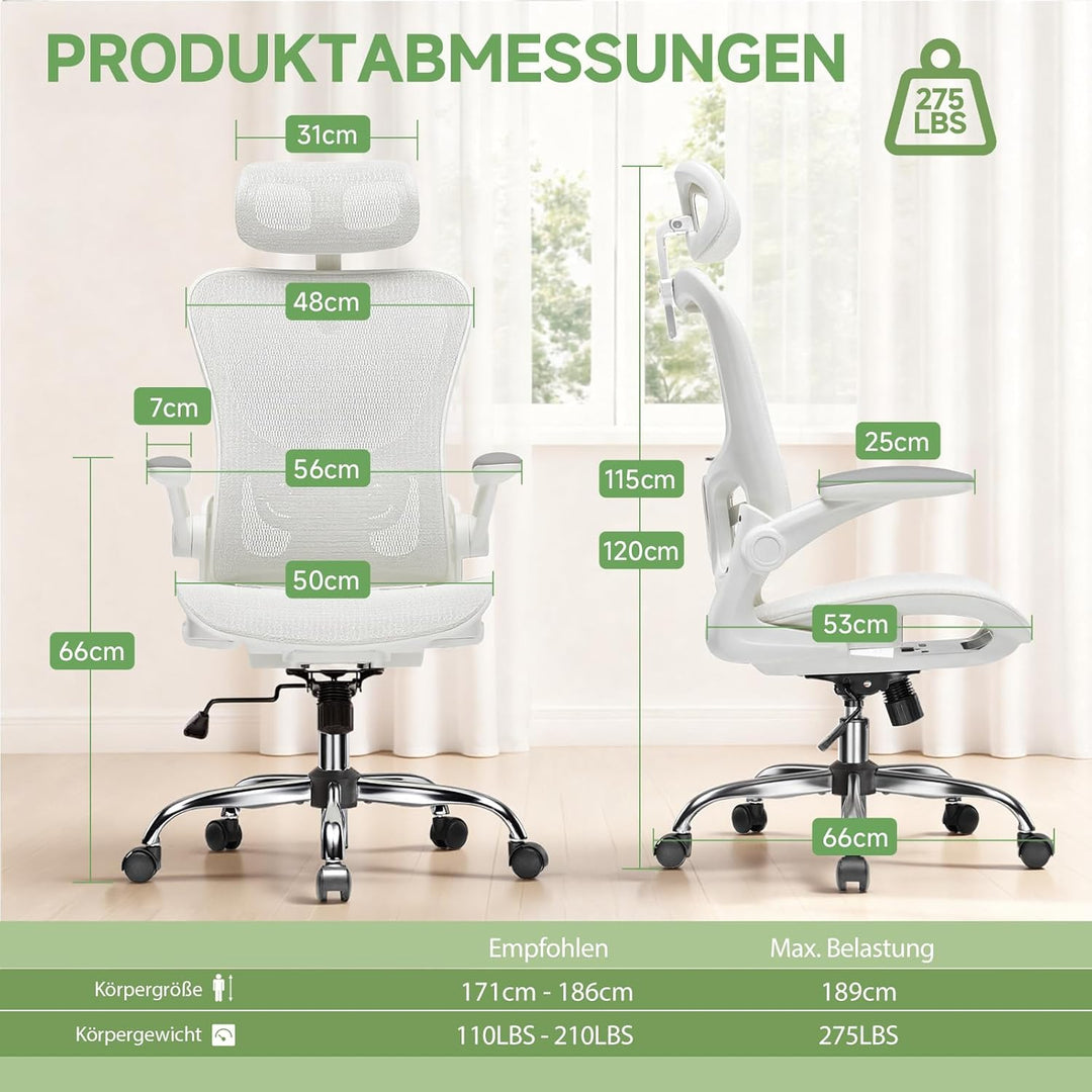 GTPLAYER Bürostuhl Ergonomisch, Schreibtischstuhl mit Verstellbarer Kopfstütze, Armlehnen, Lendenwir