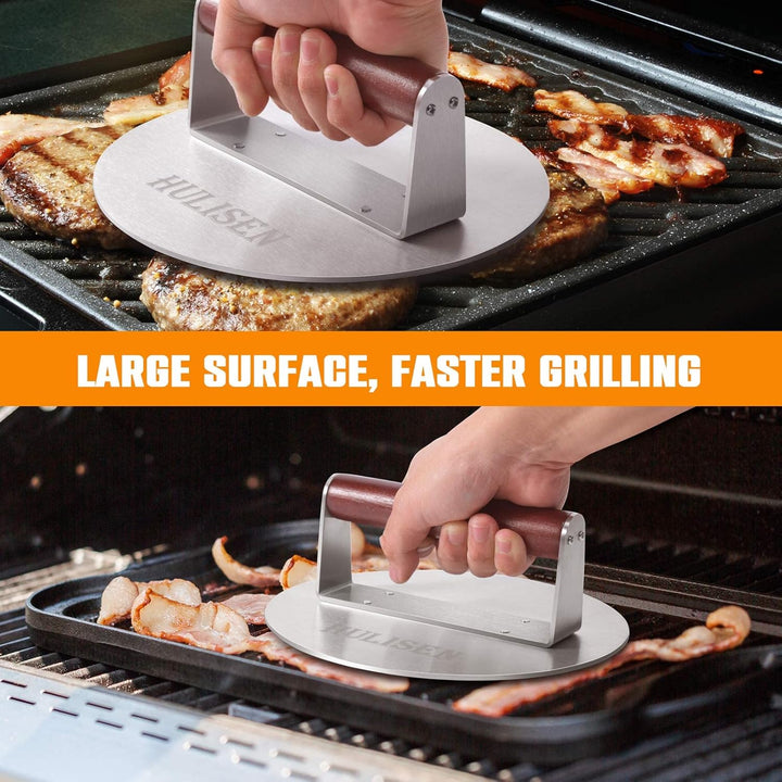 HULISEN 21,6 cm Burgerpresse, 1,1 kg, robuste Speck- und Grillpresse, Edelstahl, zerkleinerte Burger