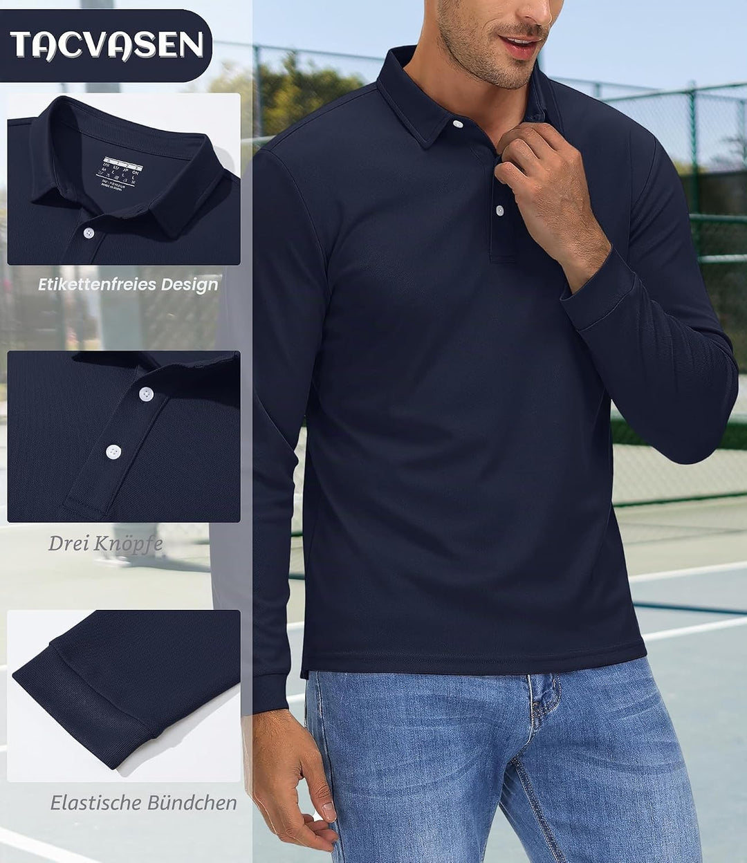 TACVASEN Herren Poloshirt Langarm Golf Polo Schnelltrocknend Funktionsshirts Leicht T-Shirts mit 3-K