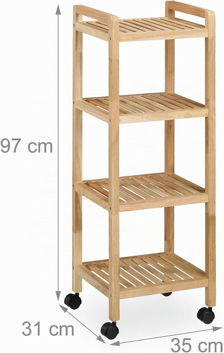 Relaxdays Badregal, Holz, HxBxT: 97 x 35 x 31 cm, Holzregal mit Rollen, 4 Ablagen, Regal für Badezim