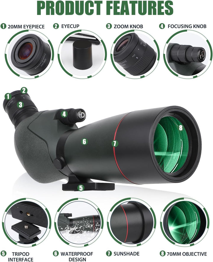 25-75x70 HD Spektiv Sportschützen mit Stativ- und Smartphone-Adapter, Zoom Bak4 Prism FMC Lens 45-Gr