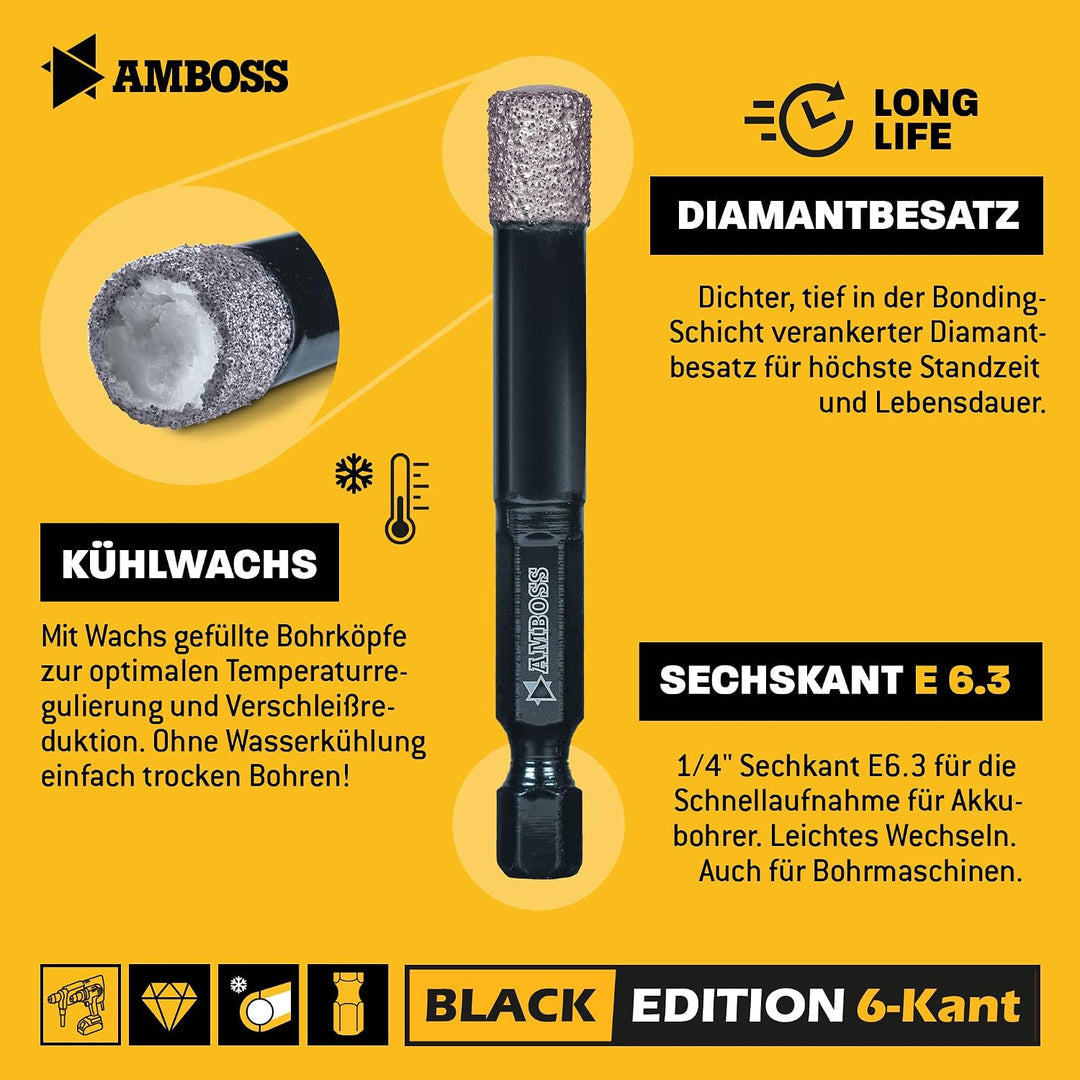 Fliesenbohrer Set Ø 5, 6, 8, 10, 12 mm (5 tlg.) /Sechskant Aufnahme - Amboss Black Edition Diamantbo