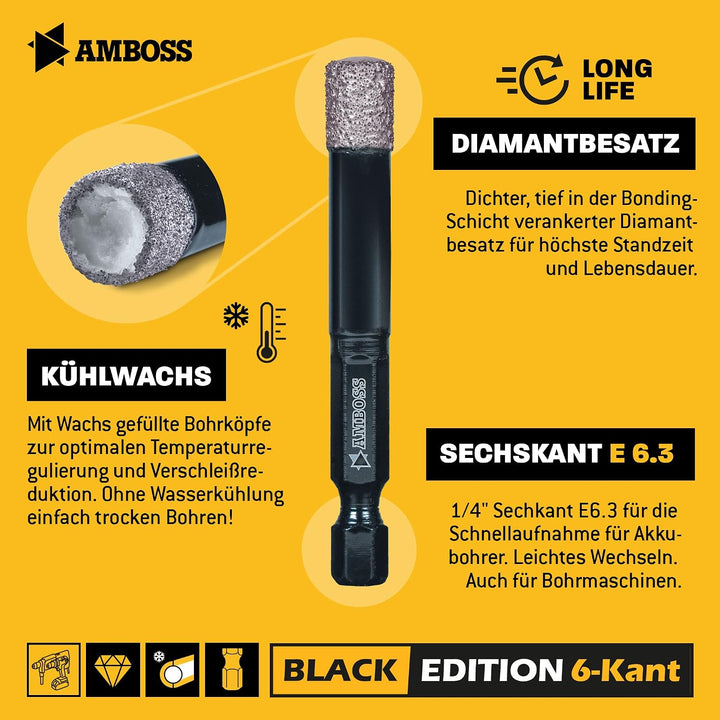 Fliesenbohrer Set Ø 5, 6, 8, 10, 12 mm (5 tlg.) /Sechskant Aufnahme - Amboss Black Edition Diamantbo