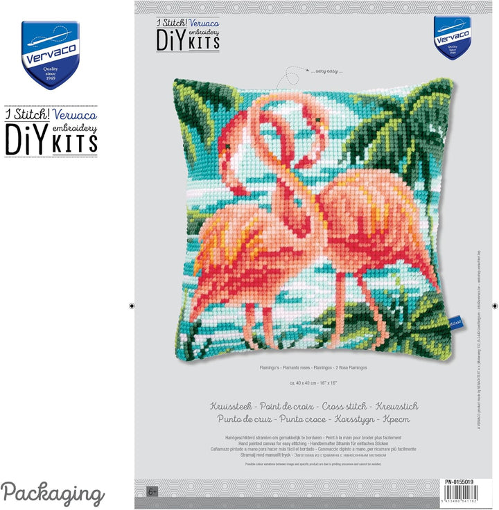 Vervaco Kreuzstichkissen 2 rosa Flamingos Kreuzstichpackung, Stramin, Weiss, 40 x 40 x 0,3 cm