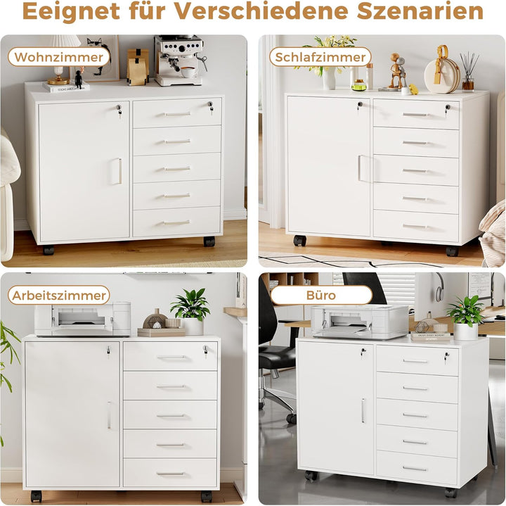 BEWISHOME Rollcontainer Schreibtisch mit 5 Schubladen, Aktenschrank Abschliessbar mit 5 Rollen, 1 Sc