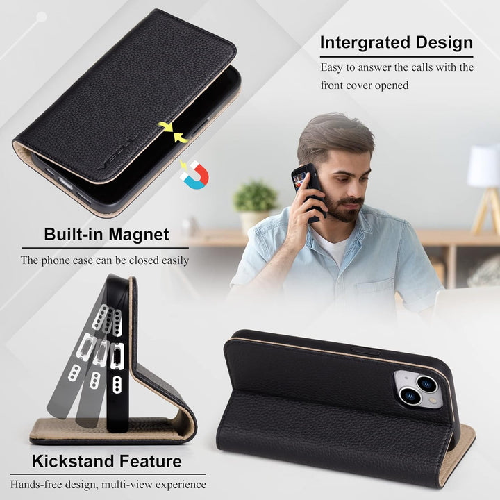 VISOUL iPhone 14 Hülle, Handyhülle iPhone 14[100% Echtleder] [3 Kartenfächer] [Verdichtes TPU] [Magn