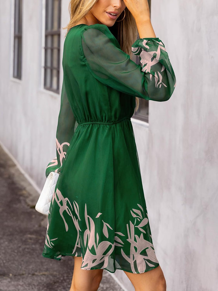 CUPSHE Damen Kleid V Ausschnitt Wickeloptik Transparente Lange Ärmel Blumenmuster Freizeitkleider Wr