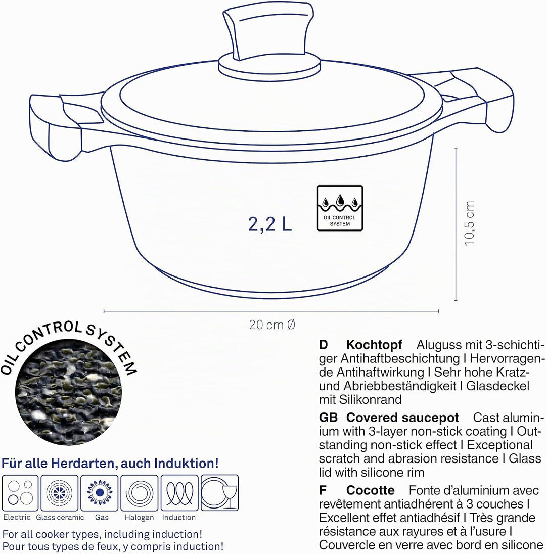 kela Kochtopf Stella Nova, Ø 20 cm, 2,2 L, Aluguss, schwarz, Allherdboden, antihaftbeschichtet, mit