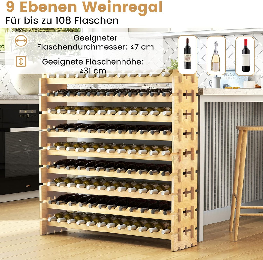COSTWAY Weinregal Holz stapelbar, Flaschenregal für 108 Flaschen, Weinständer mit 9 Ebenen, Holzrega