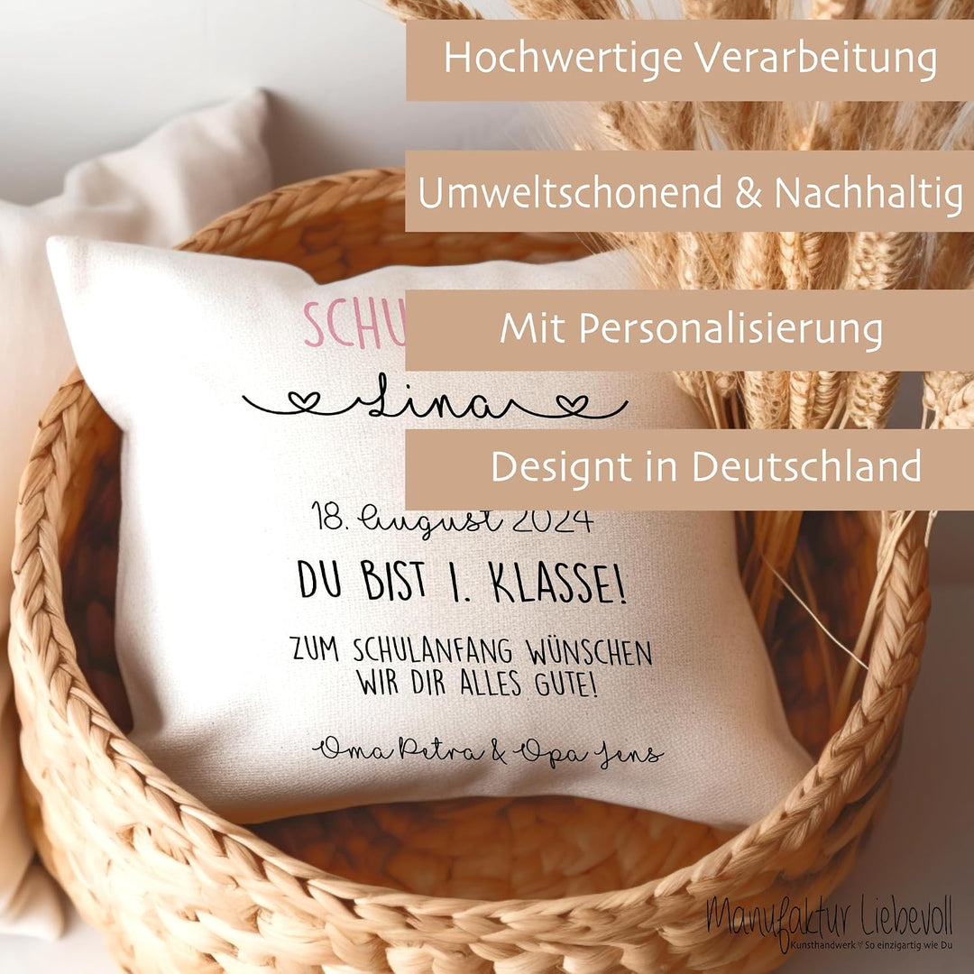 Geschenk zur Einschulung für Schulanfänger - Kissen mit Name und Einschulungsdatum des Erstklässlers