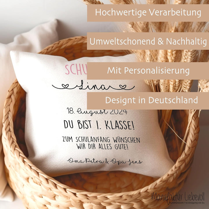 Geschenk zur Einschulung für Schulanfänger - Kissen mit Name und Einschulungsdatum des Erstklässlers