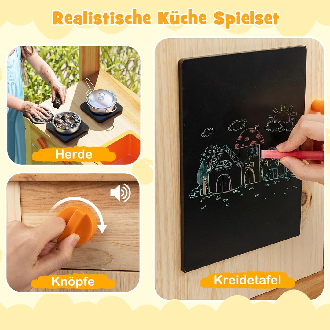 DREAMADE Matschküche Kinder Outdoor, Kinderküche mit Tafel & Acryl-Tafel & Pflanzentöpfen & Herd & S