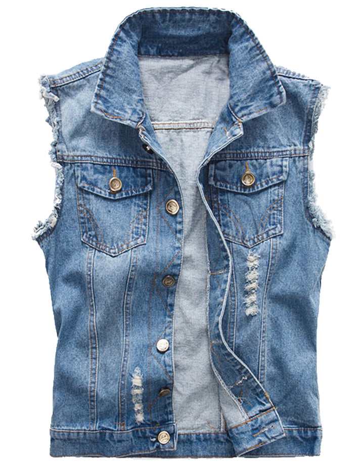 Herren Denim Westen Zerrissen Casual Ärmellos Biker Fashion Jeansweste, Blau