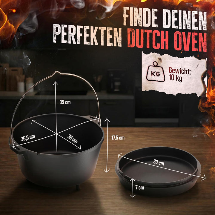 AMZBBQ® Premium Dutch Oven – Doppelt Eingebrannter Gusseisen Feuertopf – Rostbeständiger Schmortopf