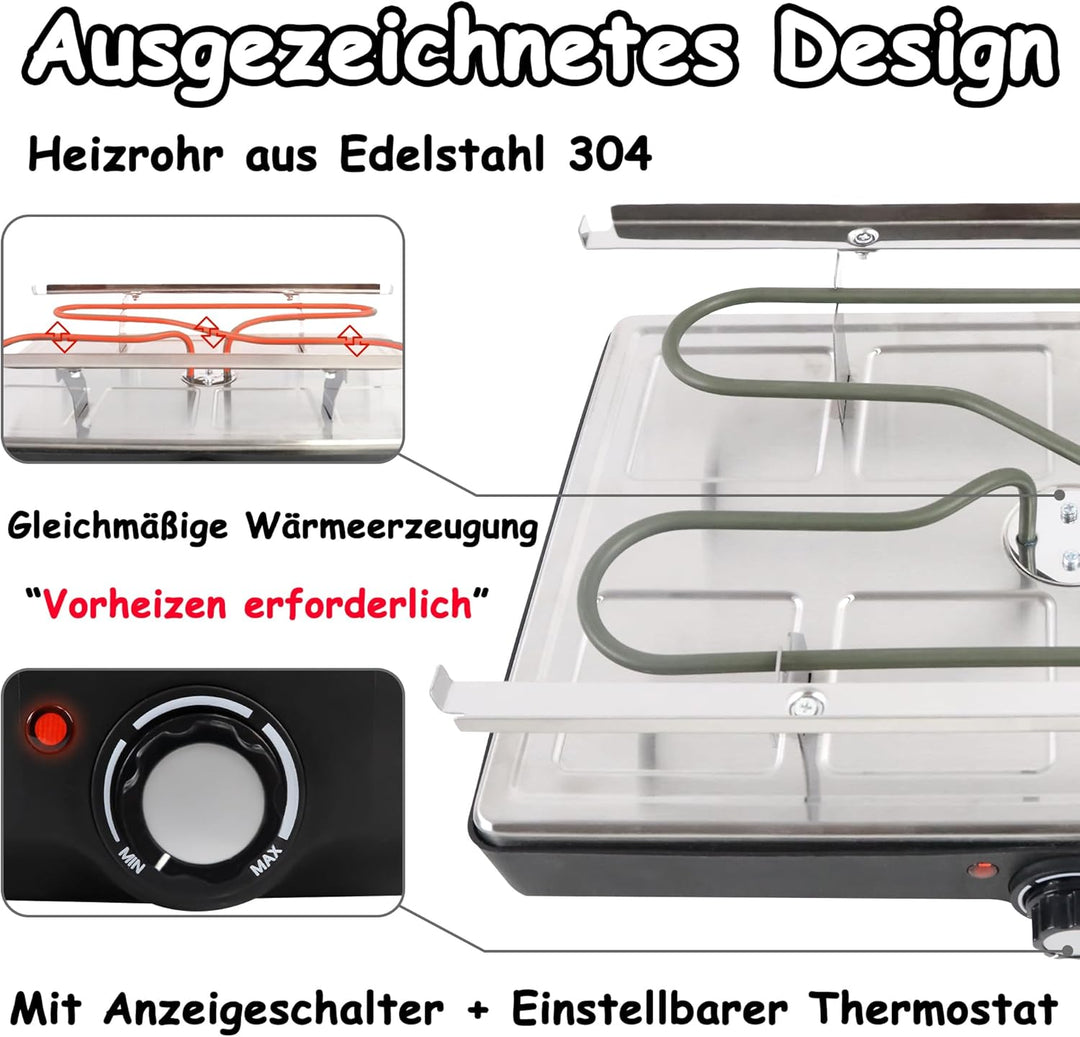 1400W Raclette Grill für 8 Personen Doppelstöckiger Tischgrill inkl. Antihaftbeschichtet, Steinplatt