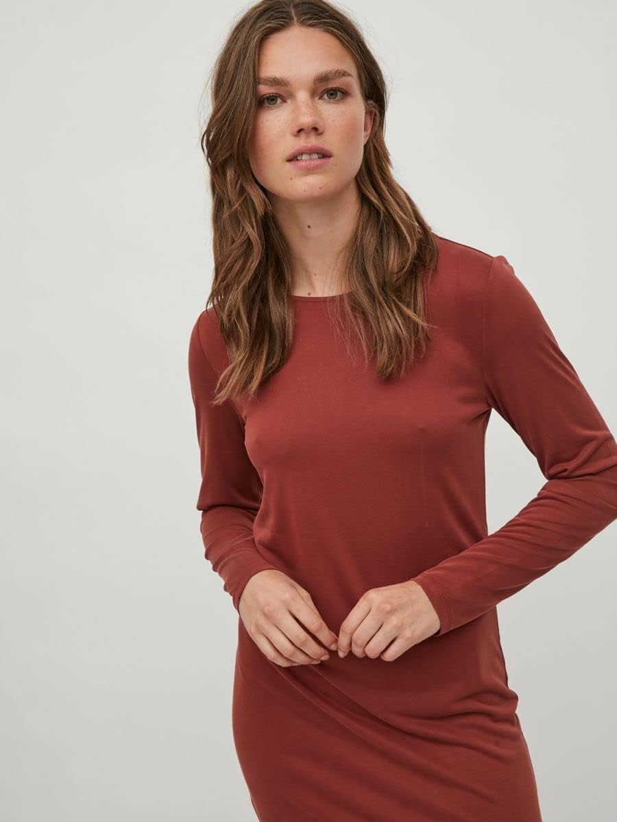 Vila Damen Vimodala O-Neck L/S Midi Su-Noos Dress S Fired Brick, S Fired Brick