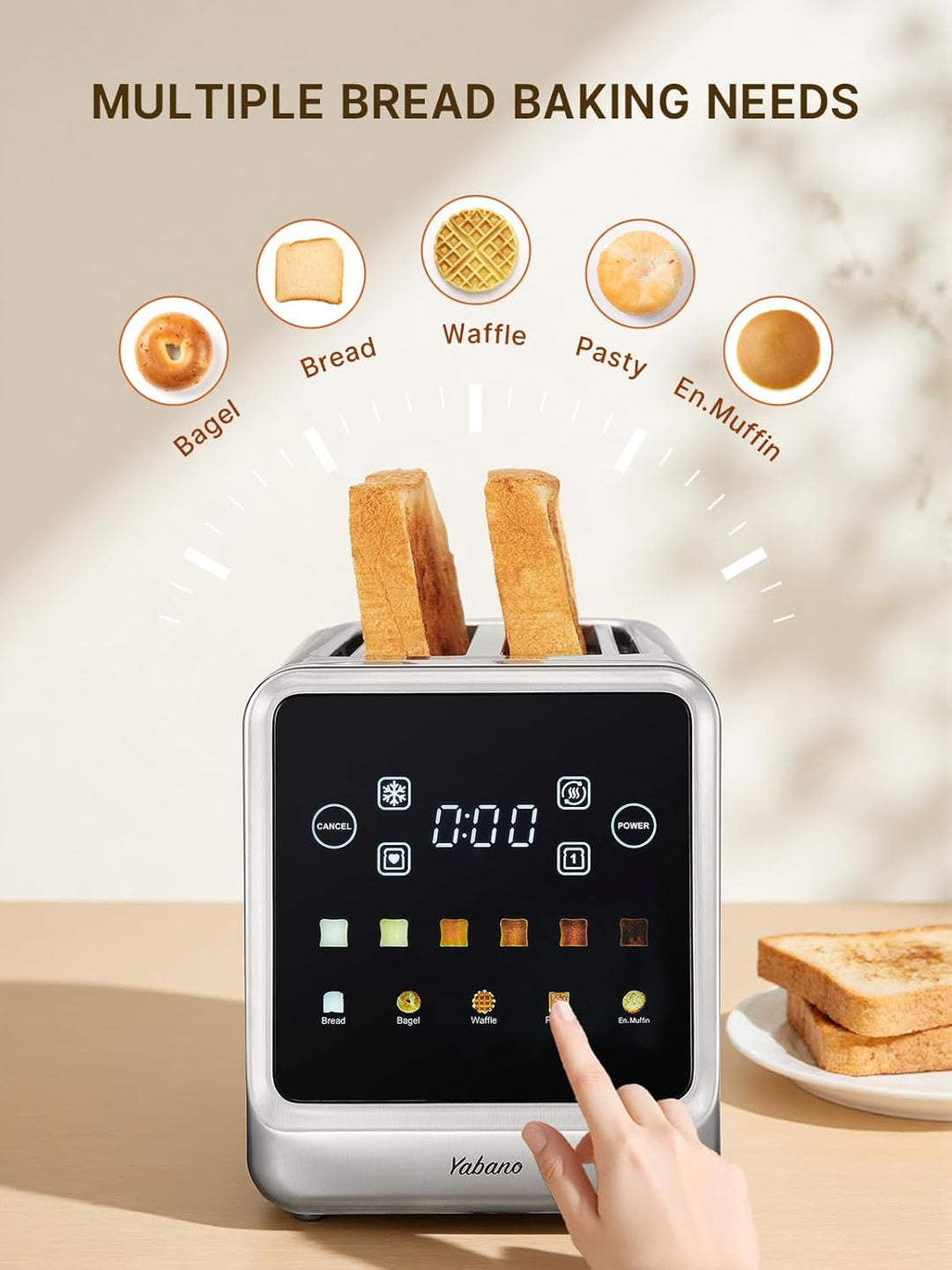Yabano Toaster 4 Scheiben mit Touchscreen & Memory-Funktion, Single-Slice-Technologie, Timer, Auftau