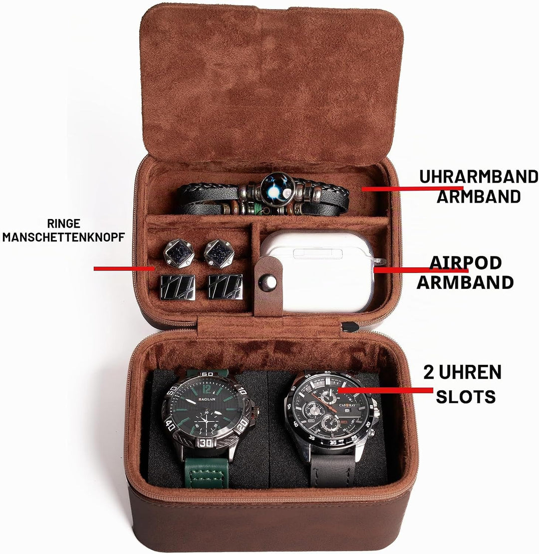 AUKURA Leder-Uhrenetui, Schmuck-Organizer für Reisen und Aufbewahrung, 2-lagiger Organizer (2 Fächer