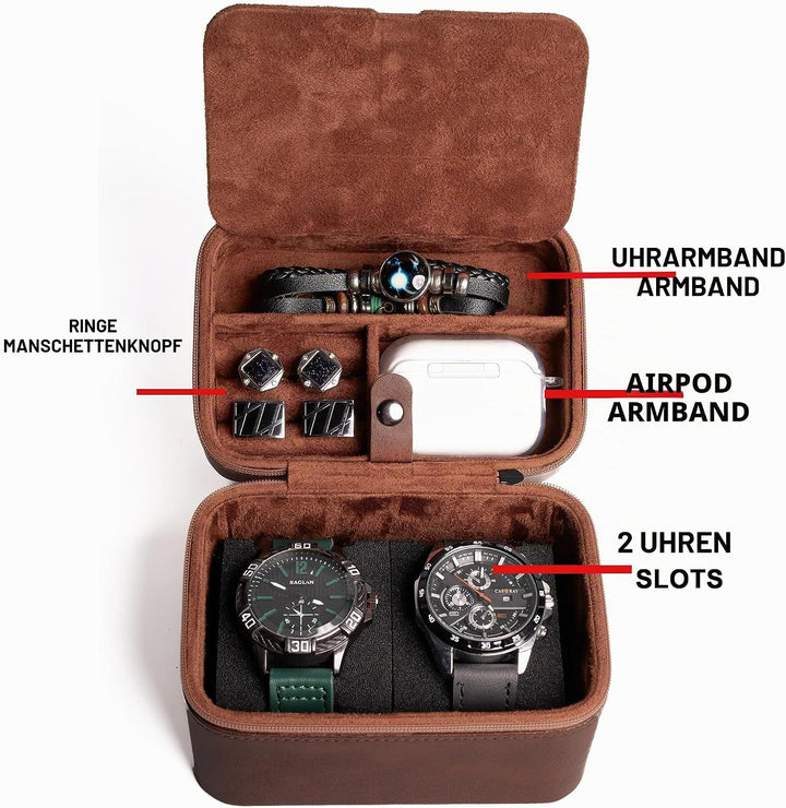 AUKURA Leder-Uhrenetui, Schmuck-Organizer für Reisen und Aufbewahrung, 2-lagiger Organizer (2 Fächer