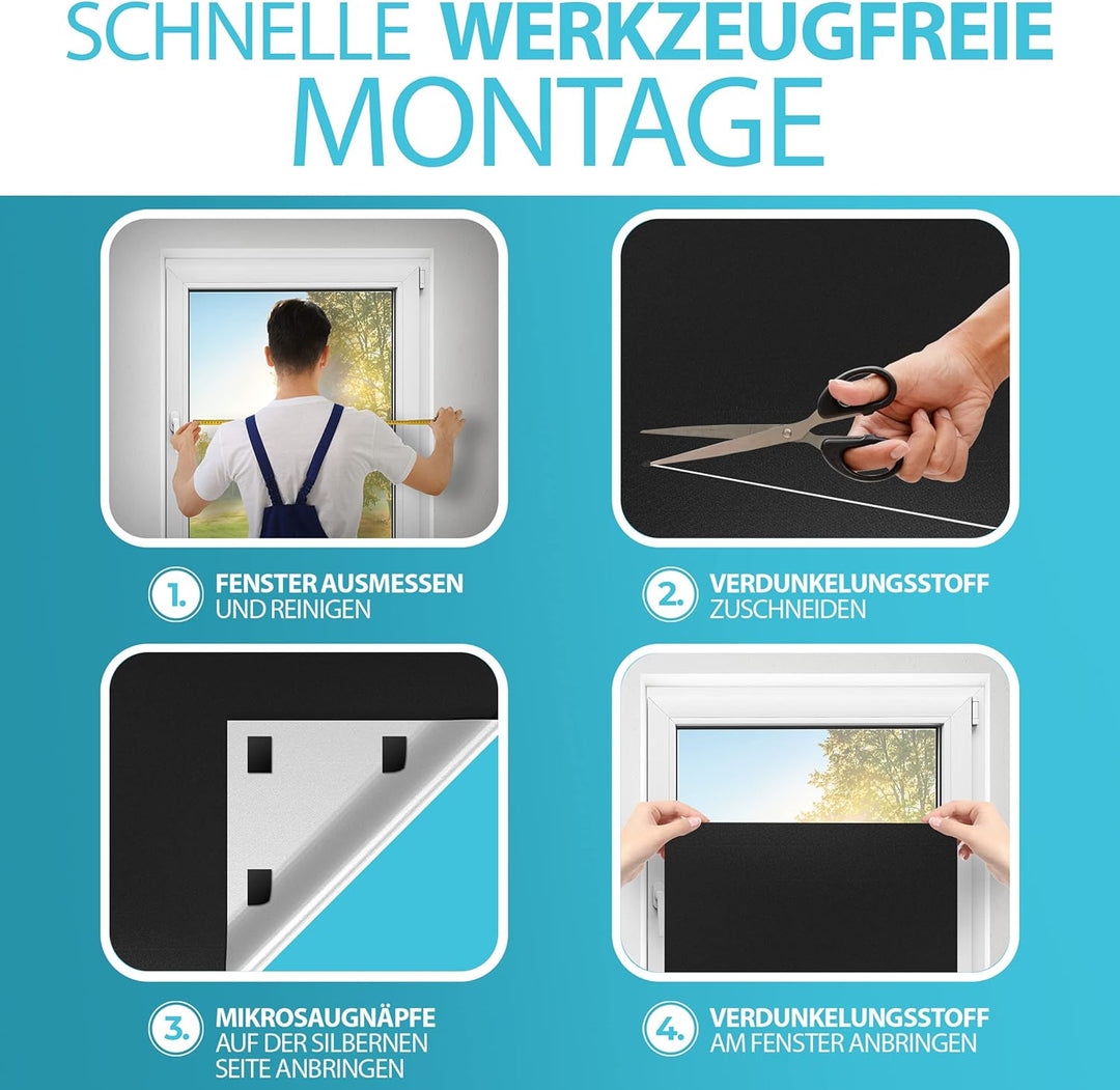 Xcelenze - Fenster Verdunkelung 100% lichtundurchlässig | 2m x 1,45m schwarz | Sonnenschutz Dachfens