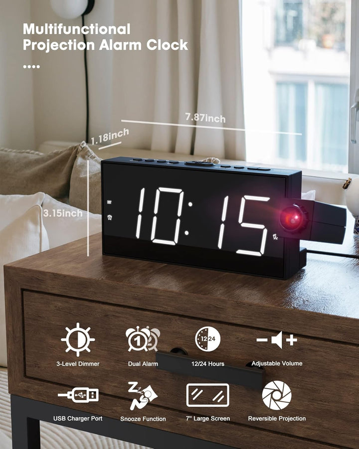 ROCAM Wecker mit Projektion für Schlafzimmer, LED Projektionswecker an der Decke mit USB Ladegerät,