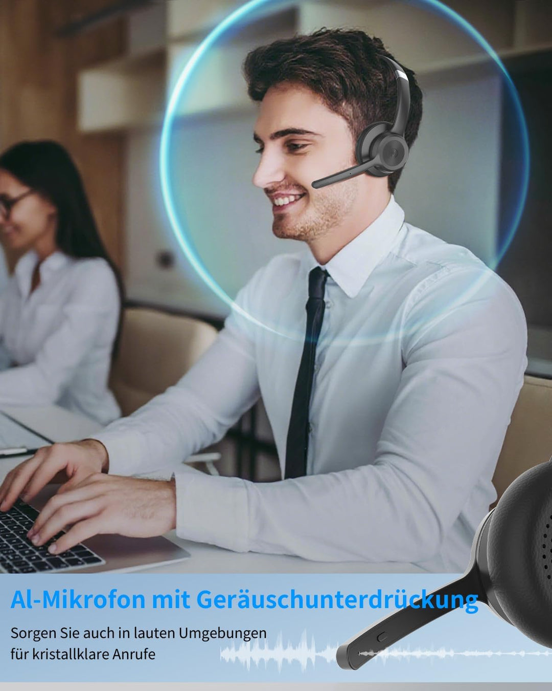 MONODEAL Bluetooth Headset mit Mikrofon, Wireless Kopfhörer mit Stummschalttaste, Geräuschunterdrück