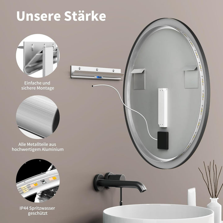 HOKO Design Badspiegel rund 80 cm Amsterdam mit Energiesparend LED Beleuchtung und Metall Rahmen Sch