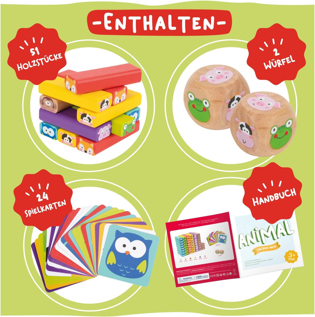 Nene Toys Wackelturm 4 in 1 aus Holz mit Farben und Tieren - Pädagogisches Kinderspiel ab 3 Jahre -