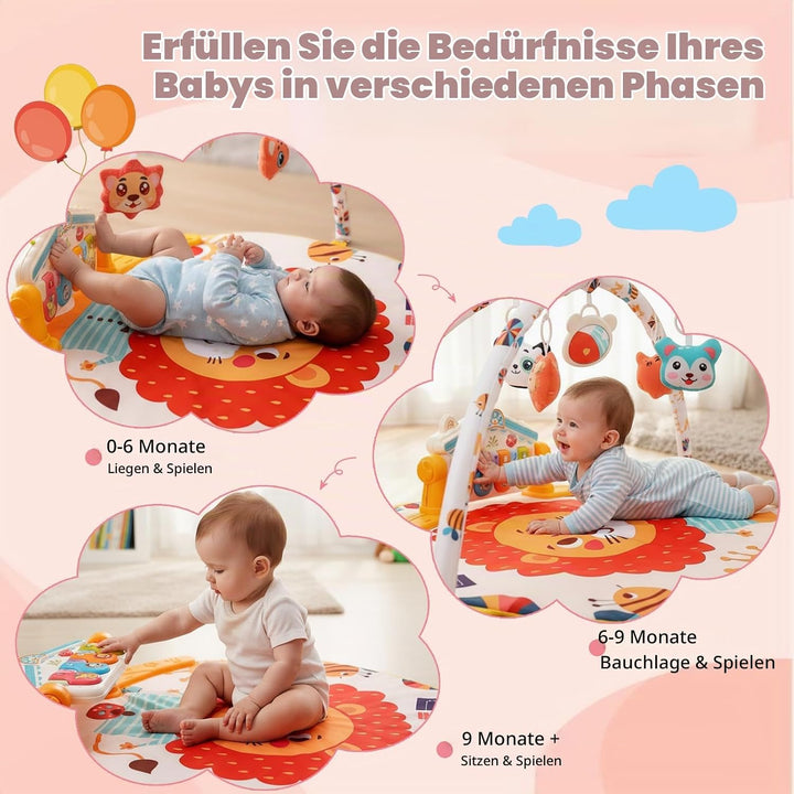 Spieldecke Baby Gym, 6 in 1 Spielbogen 0-12 Monate mit Musik Klaviermatte, 4 Hänge-Spielzeug, Licht
