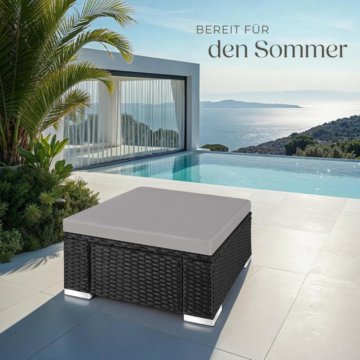 tectake® witterungsbeständiger Outdoor Rattan Hocker mit abnehmbarem Kissen, Lounge Hocker, Balkon M
