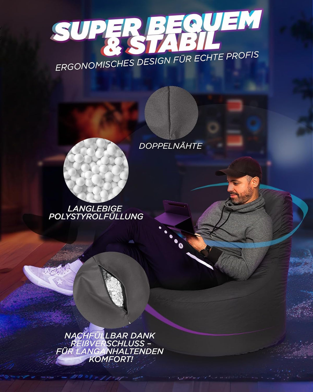 PATCH HOME Gamer Sessel Sitzsack Beanbag in 2 verschiedenen Grössen und 25 XXL - 80cm Durchmesser, 3