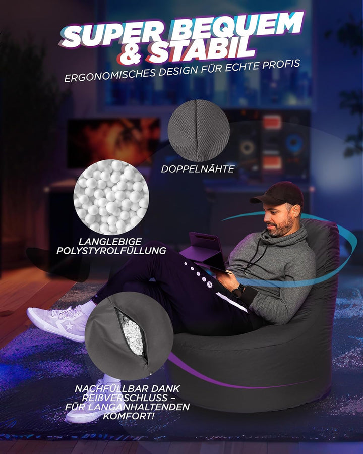 PATCH HOME Gamer Sessel Sitzsack Beanbag in 2 verschiedenen Grössen und 25 XXL - 80cm Durchmesser, 3