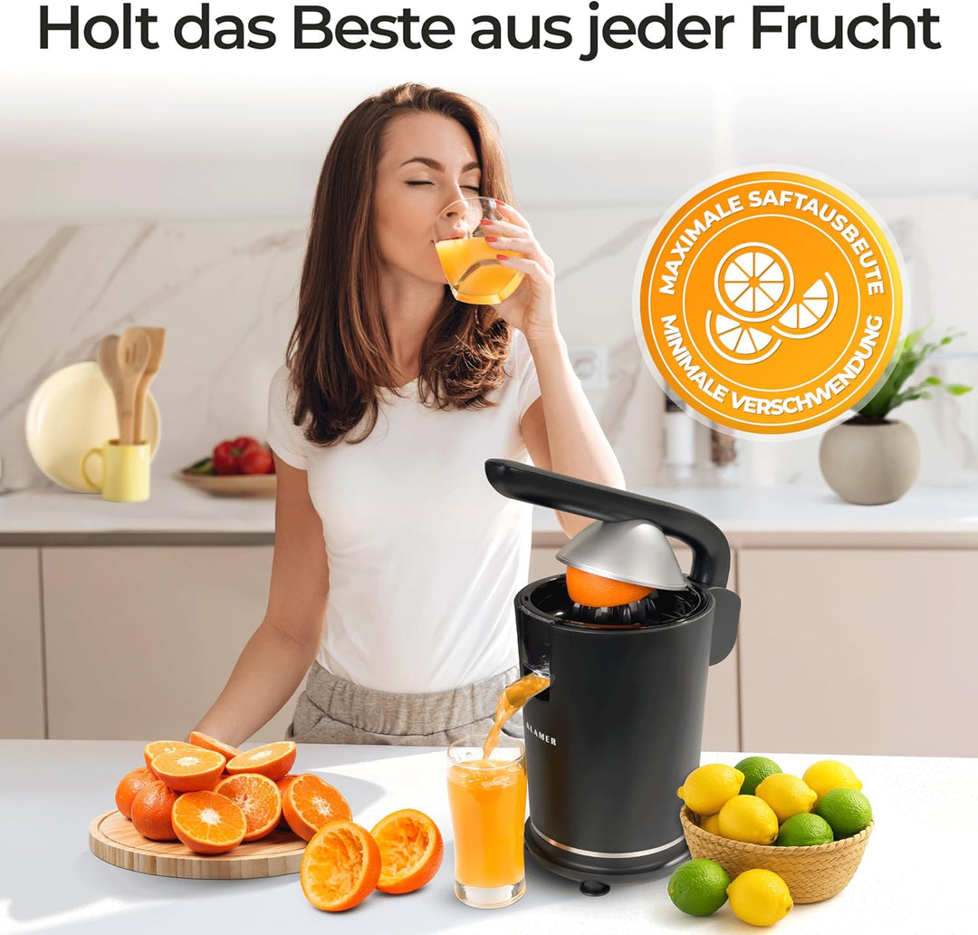 KLAMER Saftpresse elektrisch mit zwei Presskegeln – Zitruspresse für Orangen, Zitronen, Limetten & G