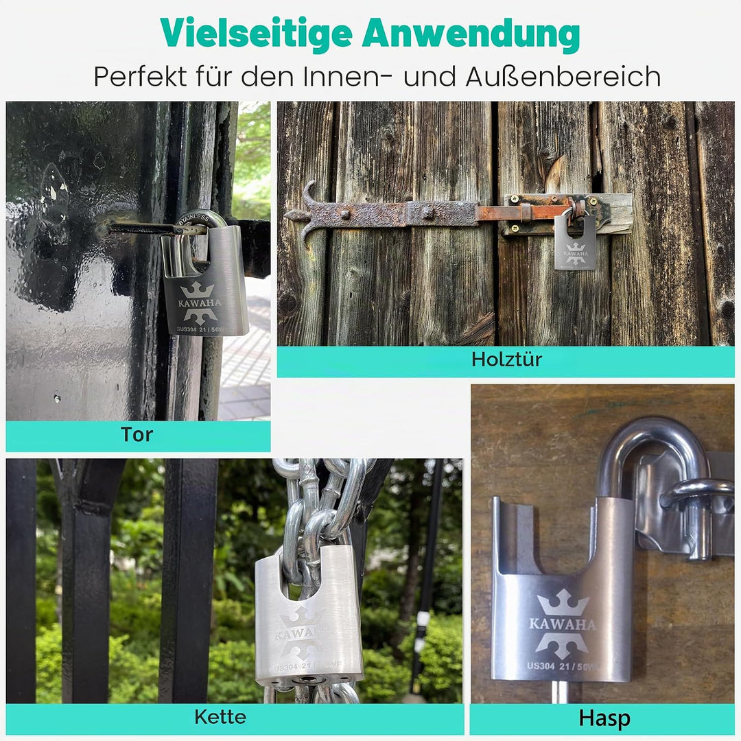 21/50-2PS Hochsicherheits-Vorhängeschloss aus Edelstahl mit Edelstahlschlüssel für den Innen- und Au