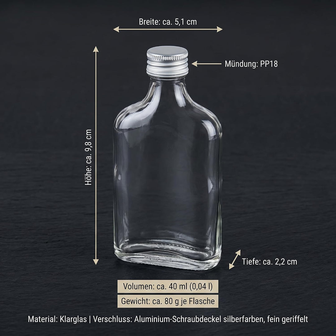 gouveo 48er Set Mini Glasflaschen 40 ml (0,04 l) Flachmann mit Schraubverschluss silberfarben – Klei