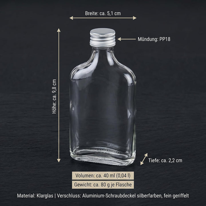 gouveo 48er Set Mini Glasflaschen 40 ml (0,04 l) Flachmann mit Schraubverschluss silberfarben – Klei
