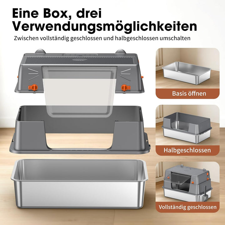 Edelstahl Katzentoilette Geschlossen 100° Klappdeckel,Dunkelgrau | Metallwanne, Vollständige Öffnung