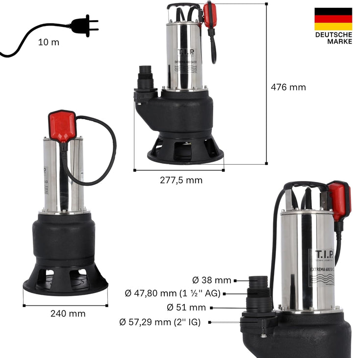 T.I.P. Schmutzwasser Tauchpumpe - Baupumpe Edelstahl (36.000l/h Fördermenge, 14m Förderhöhe, 50mm Ko
