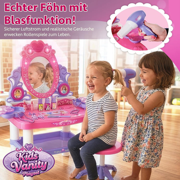 Kinderplay Rosa Schminktisch Kinder mit Zauberstab & Zubehör | Kinder Frisiertisch für Mädchen mit S