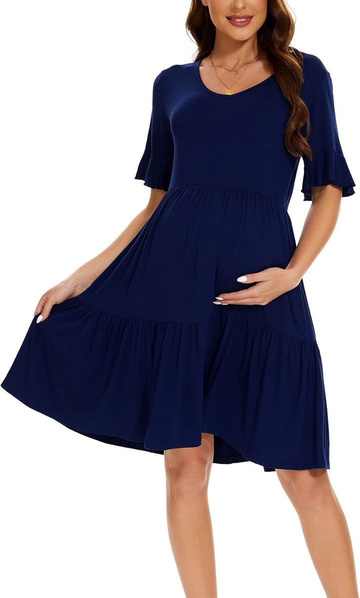 Smallshow Damen Umstandskleid Kurzarm Sommer Schwangerschafts Umstandsmode Kleid S Marine, S Marine
