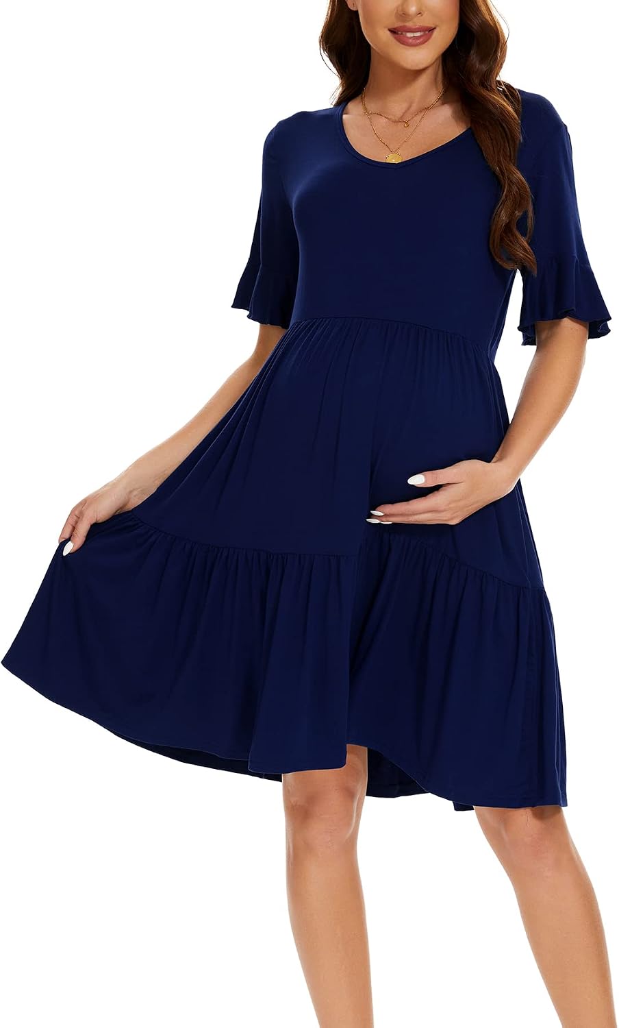 Smallshow Damen Umstandskleid Kurzarm Sommer Schwangerschafts Umstandsmode Kleid L Marine, L Marine