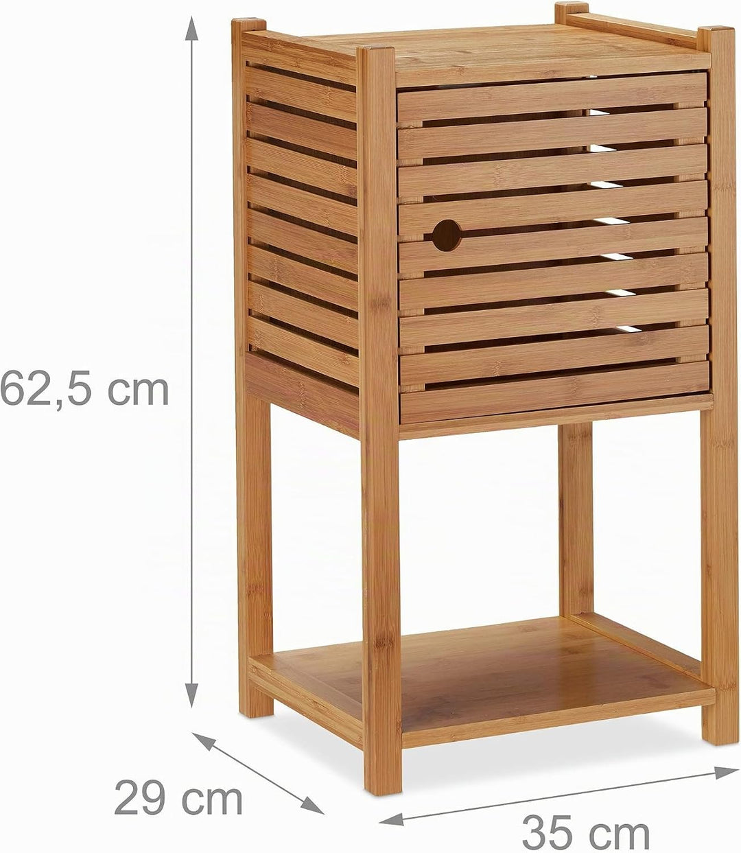 Relaxdays Badregal Bambus, 2 Ablagen &amp; 1 Fach mit Tür, Bad &amp; Küche, schmal, klein, Badmöbel HBT 62,5