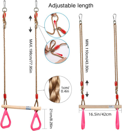 PELLOR Multifunktions Kinderholz Trapeze Schaukel mit Kunststoff Turnringe zum Aufhängen belastbar b