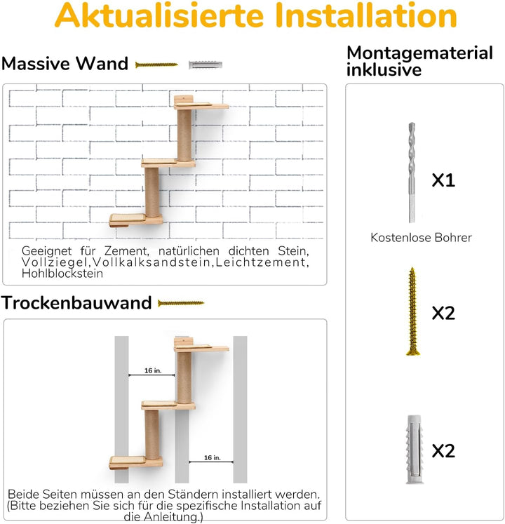 FUKUMARU Kletterwand Katze, Katze Wandregale aus Massives Gummiholz und Jute, 3 in 1 Transformable K
