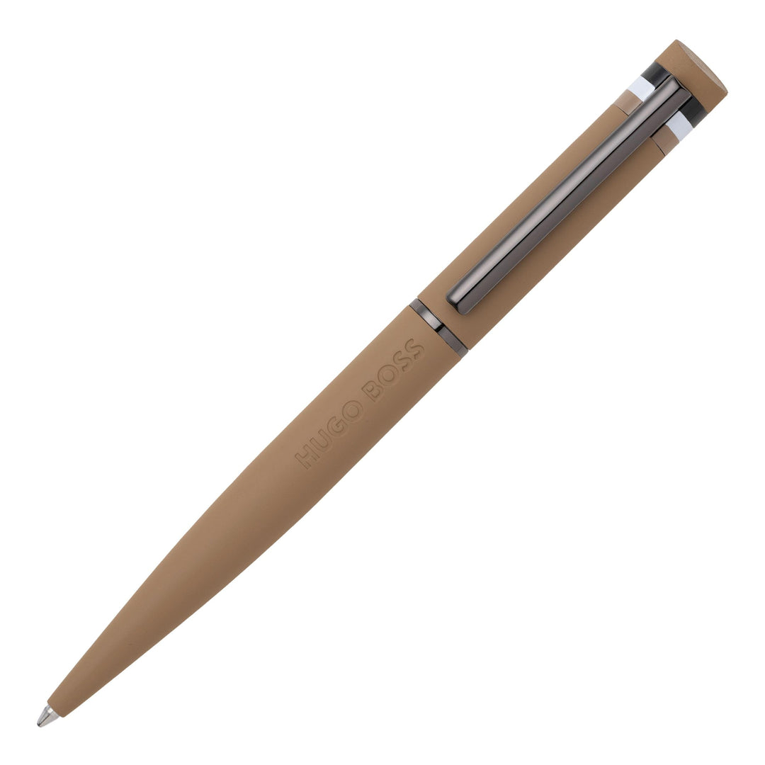 Hugo Boss Loop Iconic Kugelschreiber aus Messing und Gummi in der Farbe Camel, Länge: 14,6cm, Minenf