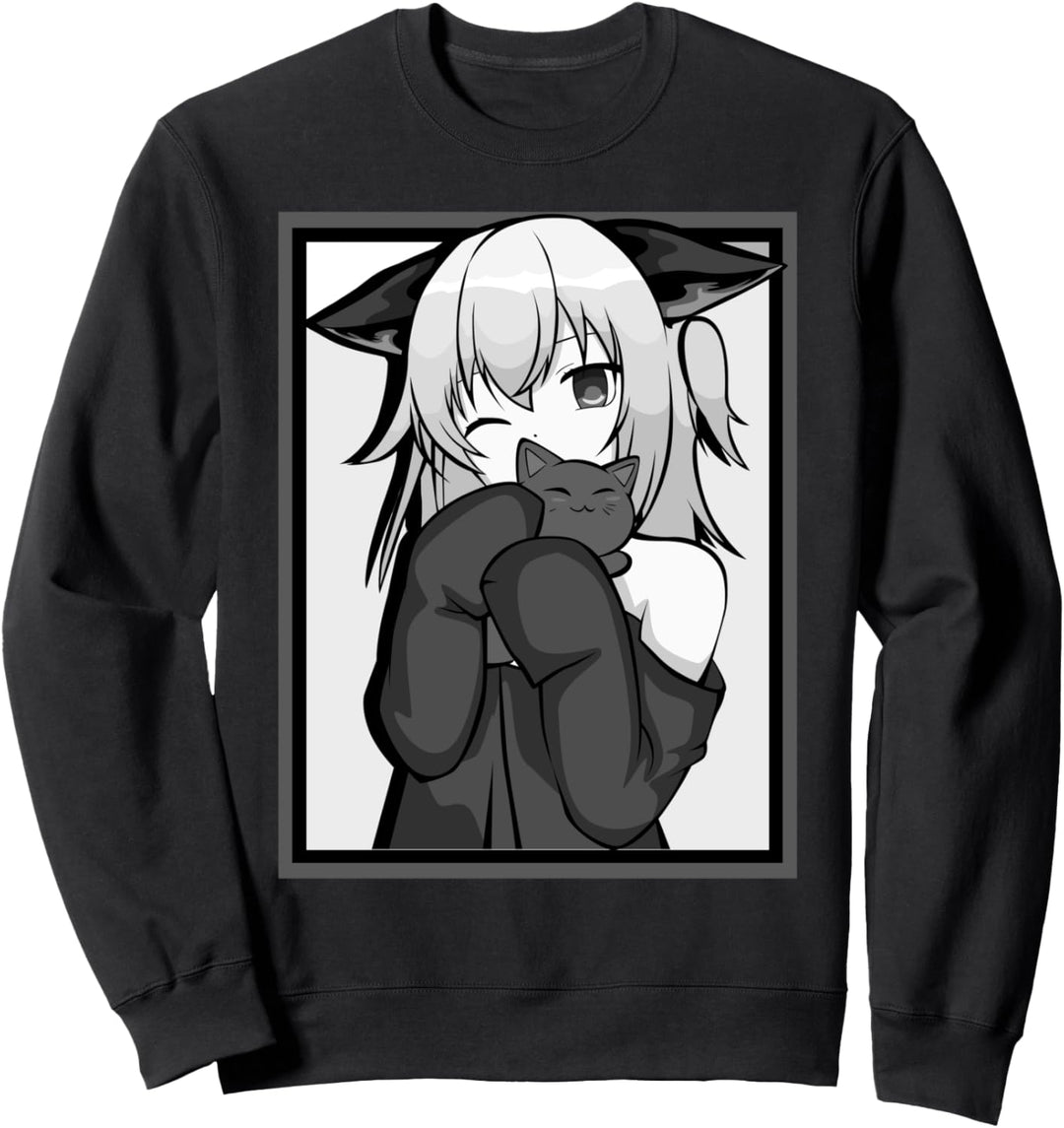 Anime-Girl, niedliches Katzen-Design, Schwarz und Weiss Sweatshirt