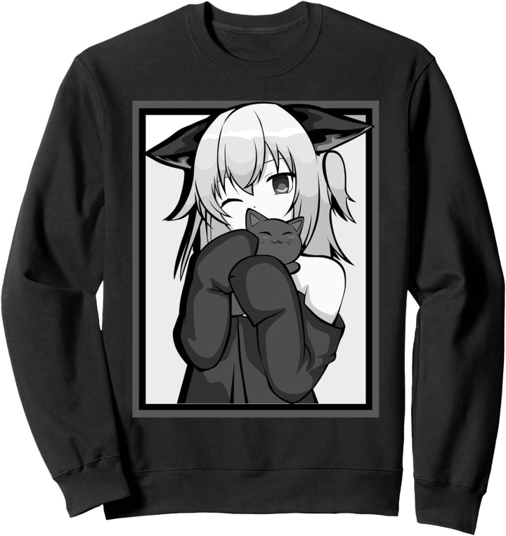 Anime-Girl, niedliches Katzen-Design, Schwarz und Weiss Sweatshirt