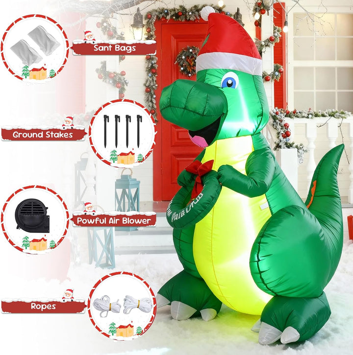 Ycolnaefllr 152 cm Weihnachtsdekoration aufblasbarer Dinosaurier, grüner Dinosaurier mit Weihnachtsm