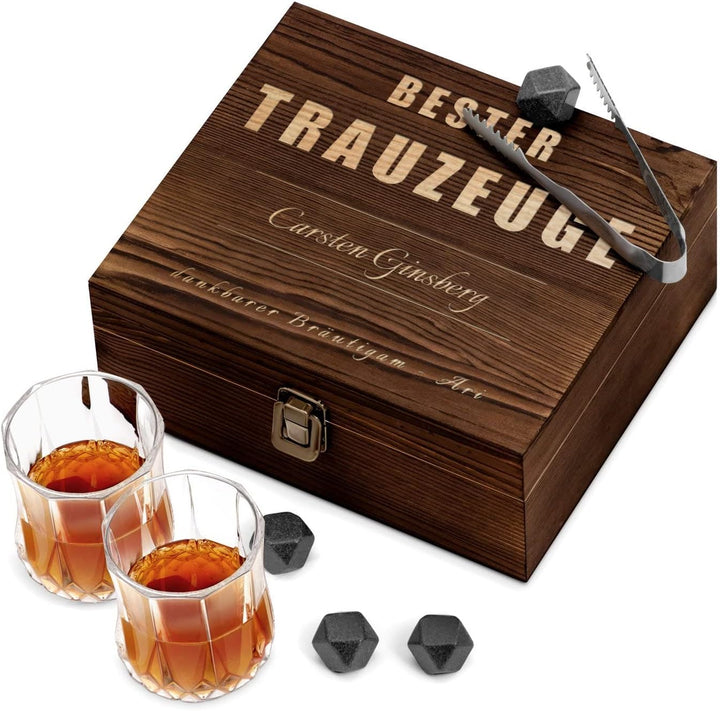 Maverton Whisky Steine Set - in Holzbox mit Gravur - 8 Eiswürfel + 2 Whisky Gläser - wiederverwendba