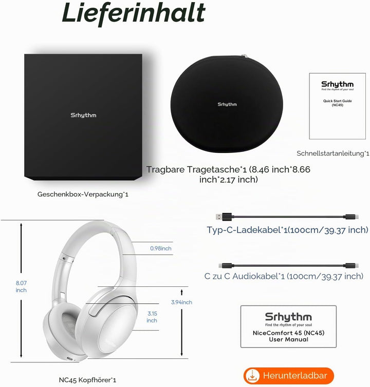 Srhythm NiceComfort 45 Active Noise Cancelling Headphone, drahtlose Bluetooth-Kopfhörer mit Transpar